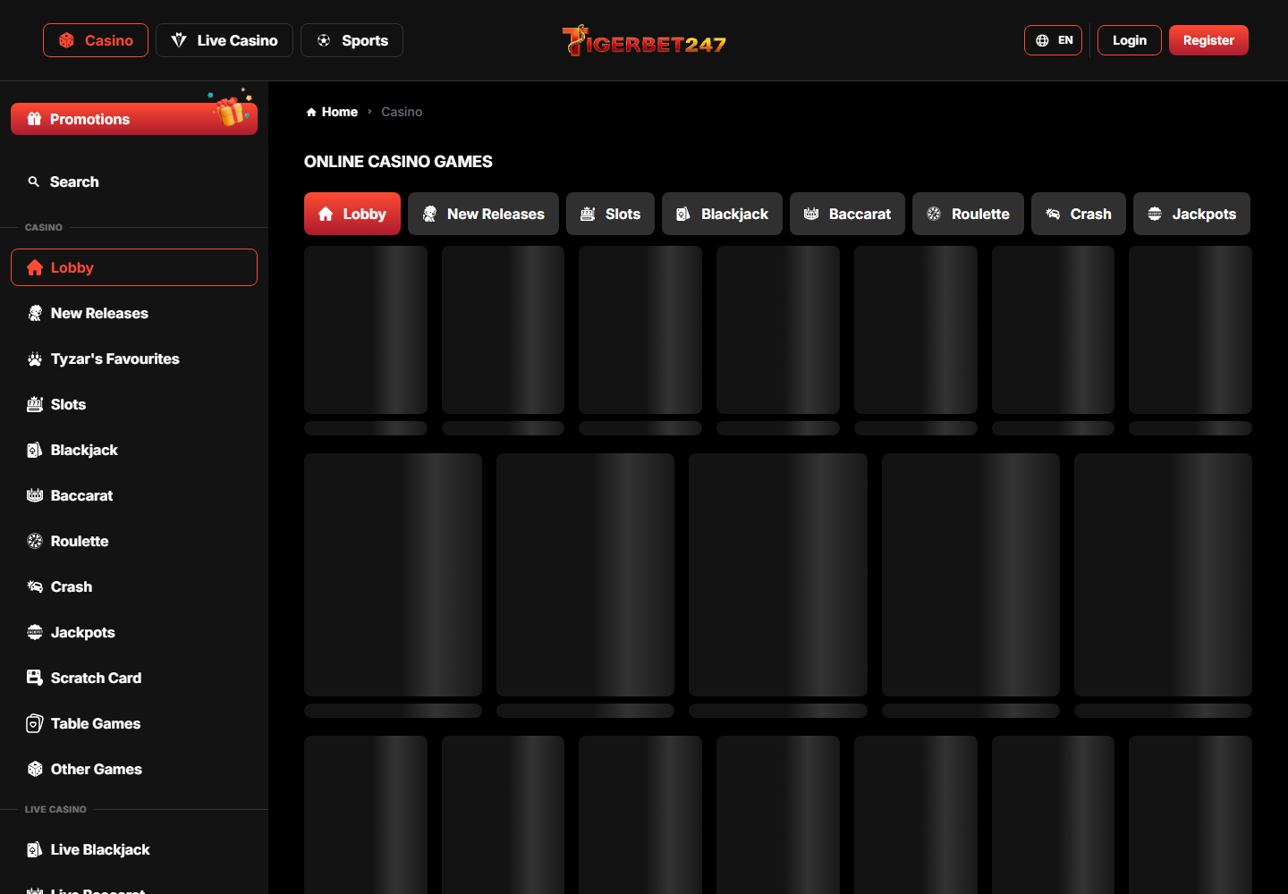 TigerBet247 online casino lobby with game categories and featured titles