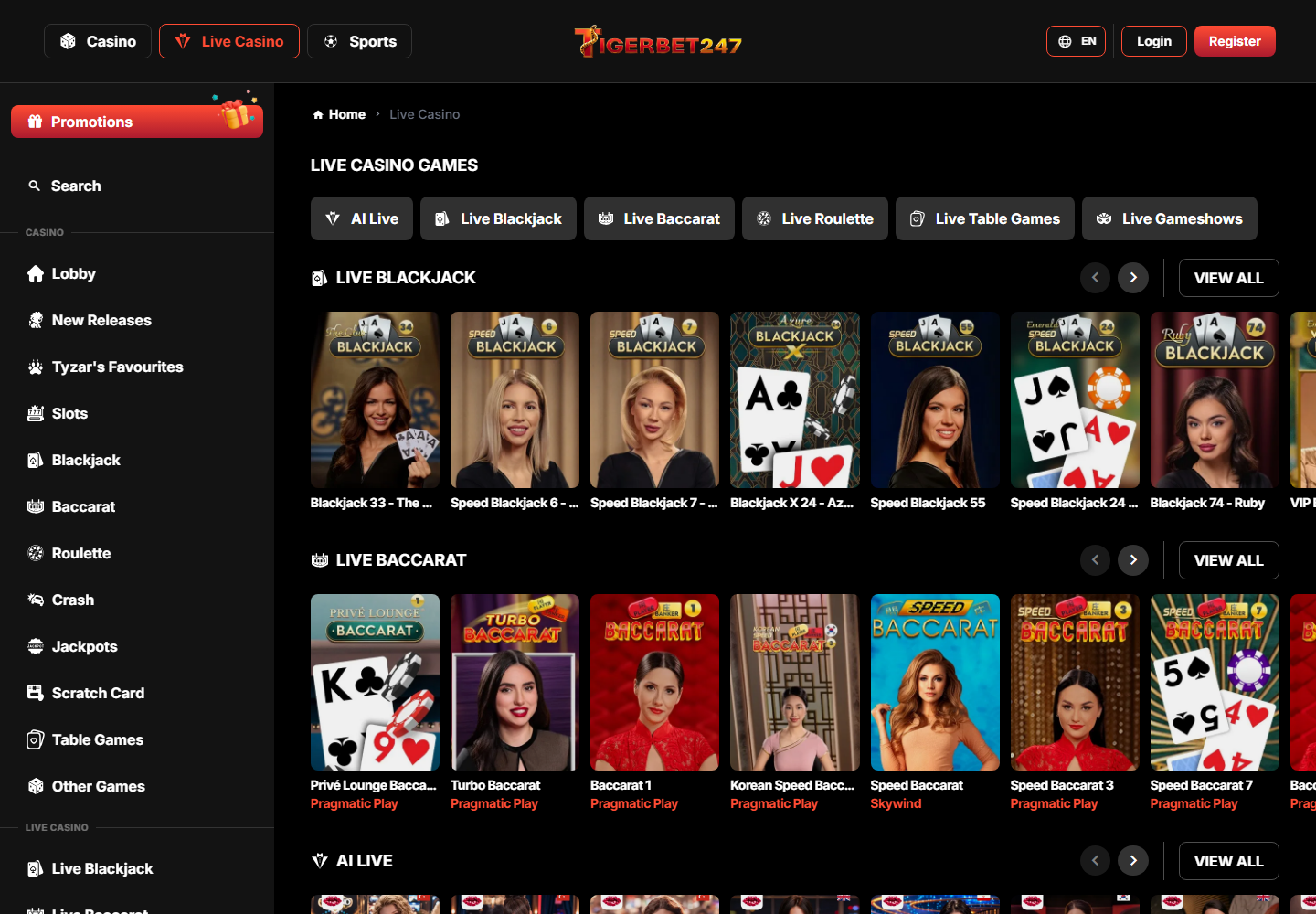 TigerBet247 mobile-ready live casino interface with game cards