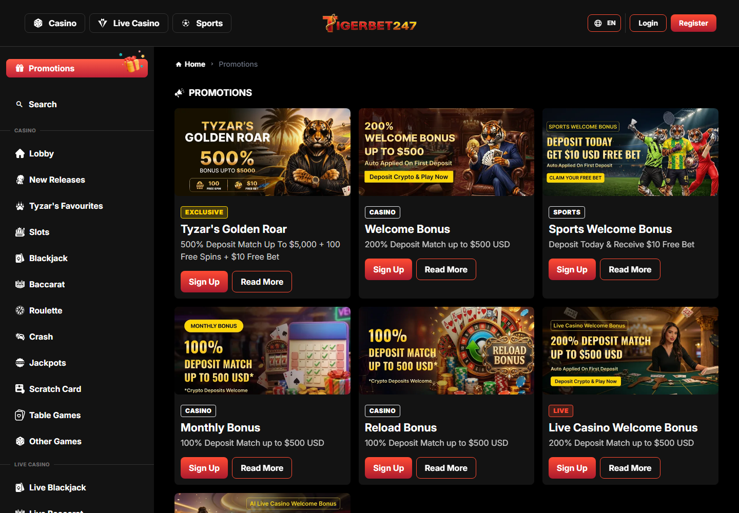 TigerBet247 promotion cards and featured account offers